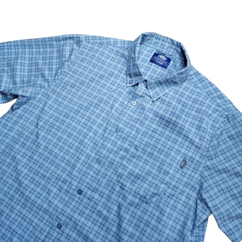 AFTCO Dorsal Short Sleeve Button Down Fishing Shirt Blue Plaid Mens XL